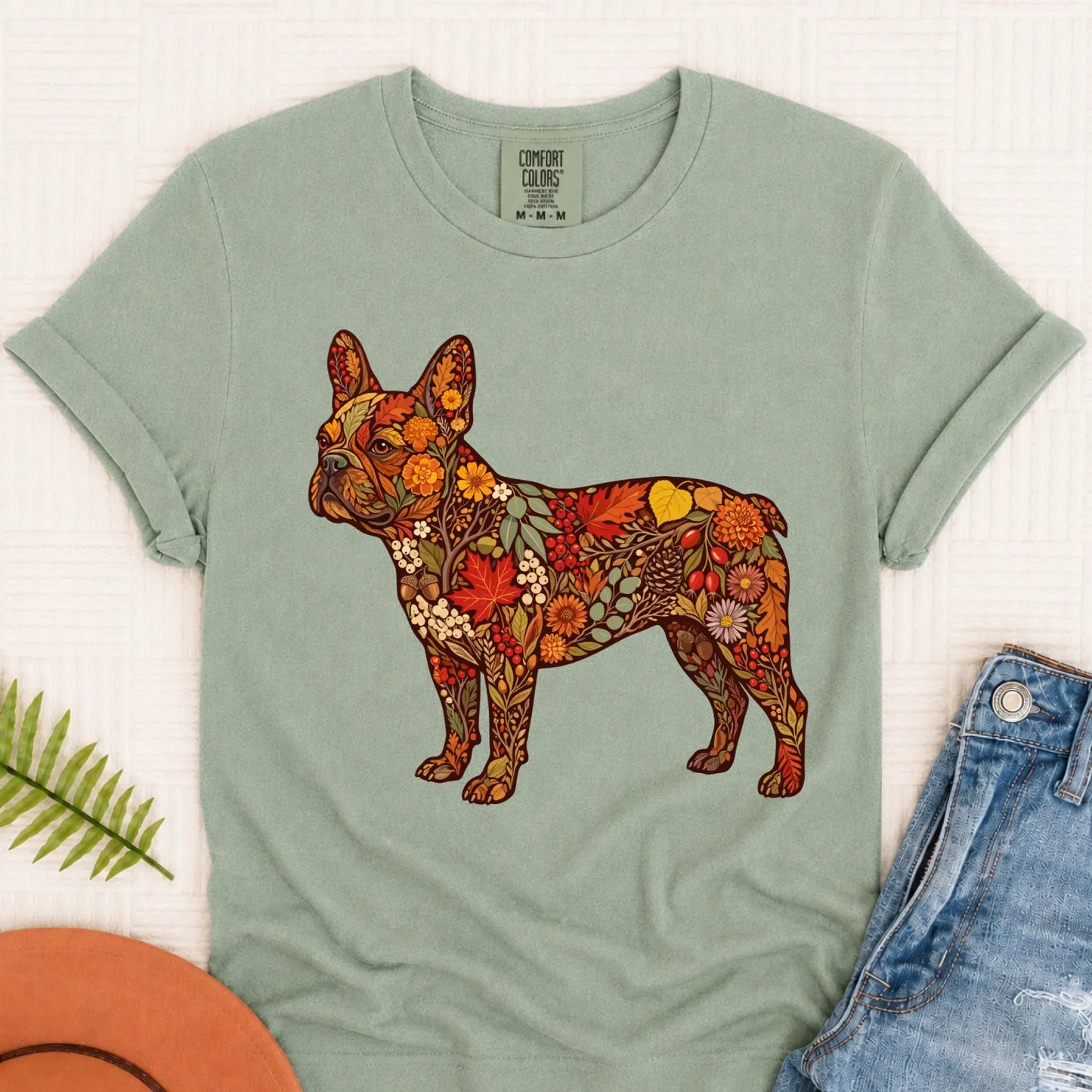 Frenchie Bulldog Fall Floral Silhouette Unisex TShirt Bay