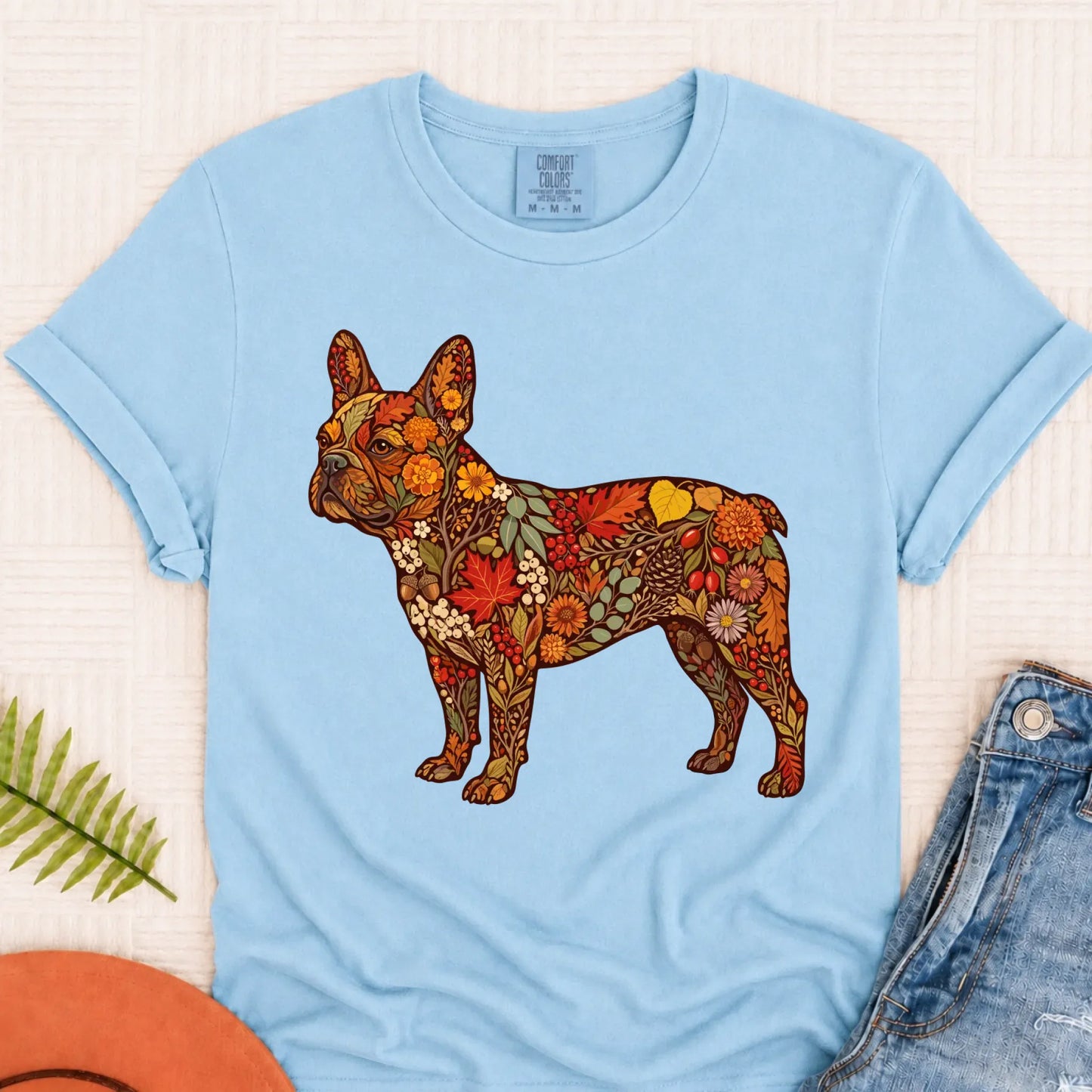Frenchie Bulldog Fall Floral Silhouette Unisex TShirt Chambray