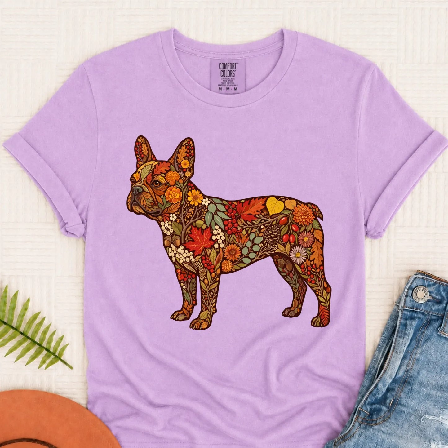 Frenchie Bulldog Fall Floral Silhouette Unisex TShirt Orchid