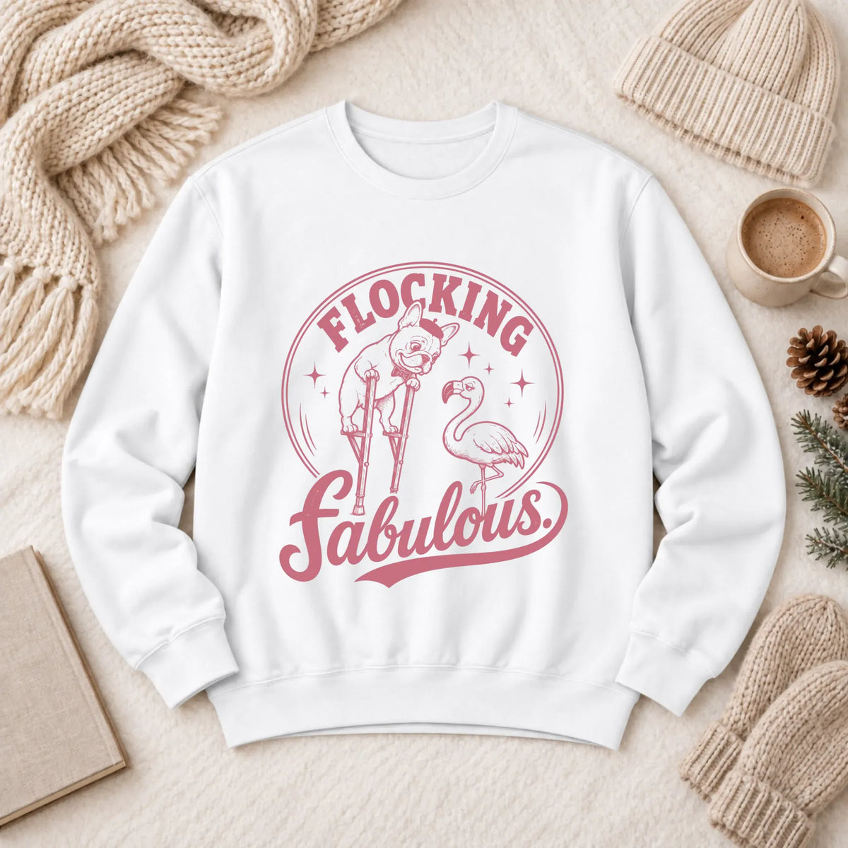 Frenchie Bulldog Florida Flamingo Unisex Sweatshirt White