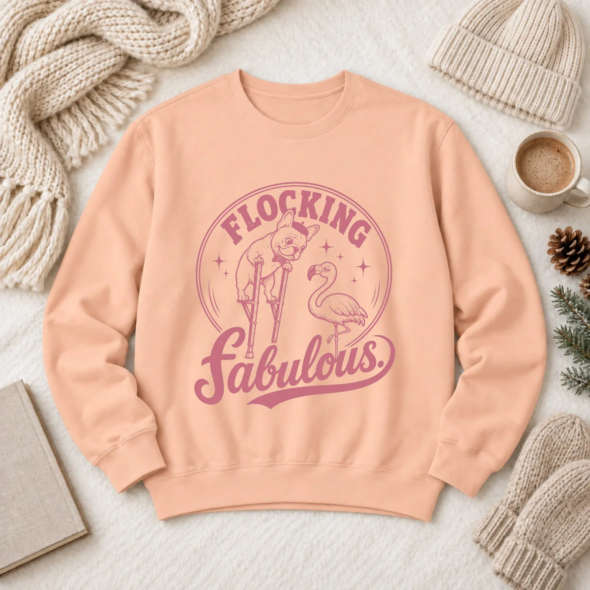 Frenchie Bulldog Florida Flamingo Unisex Sweatshirt Peachy