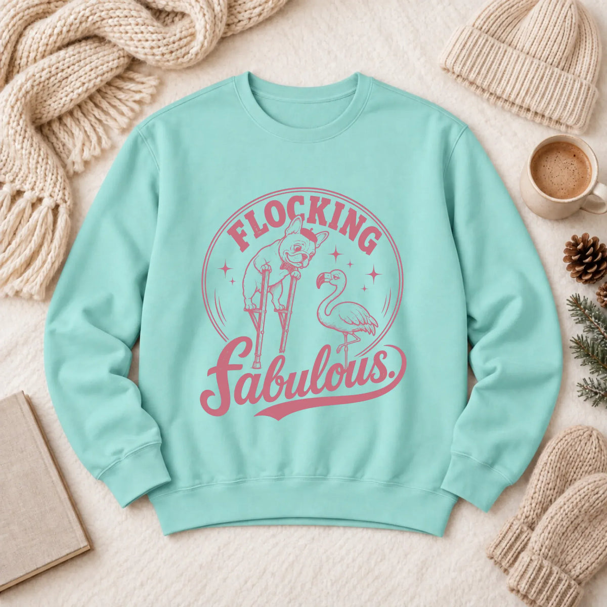 Frenchie Bulldog Florida Flamingo Unisex Sweatshirt Chalky Mint
