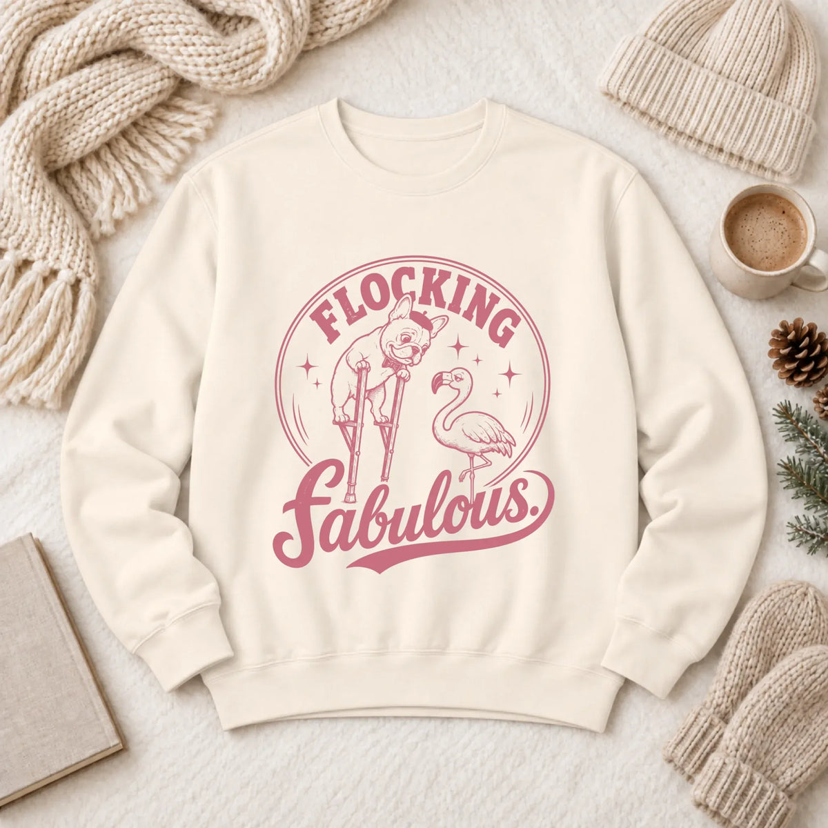 Frenchie Bulldog Florida Flamingo Unisex Sweatshirt Ivory