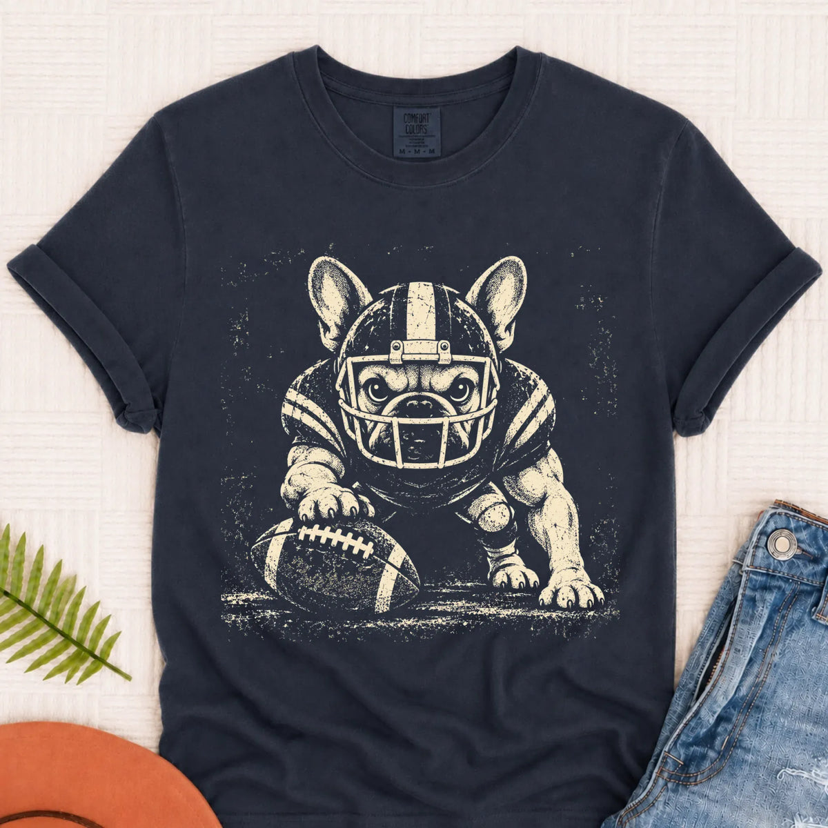 Frenchie Bulldog Football Grunge Unisex TShirt Navy