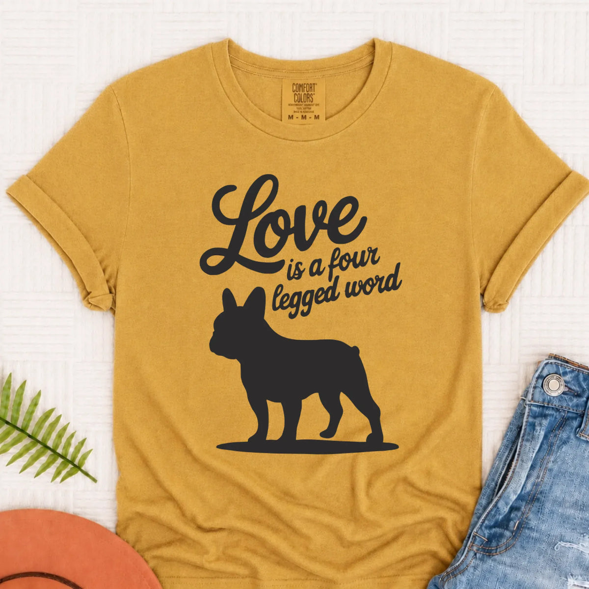 Frenchie Bulldog Four Legged Love Unisex TShirt Mustard