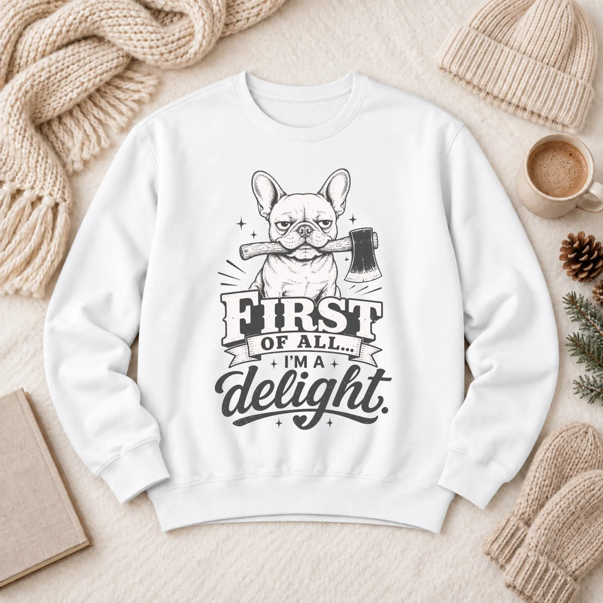 Sweatshirt White / S Frenchie Bulldog Funny Axe Delight Unisex Sweatshirt