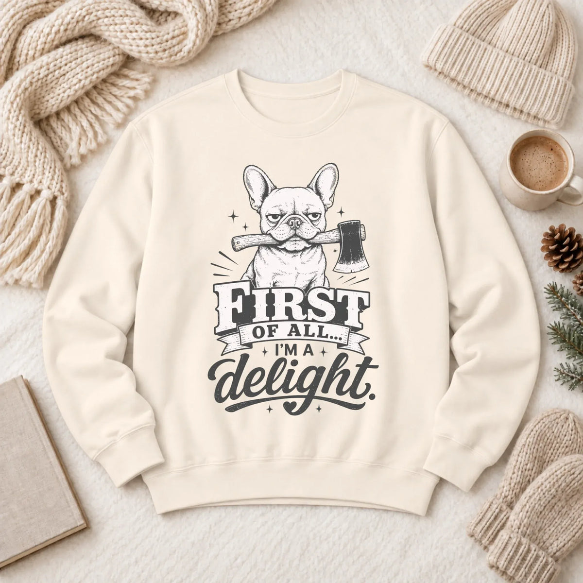 Sweatshirt Ivory / S Frenchie Bulldog Funny Axe Delight Unisex Sweatshirt