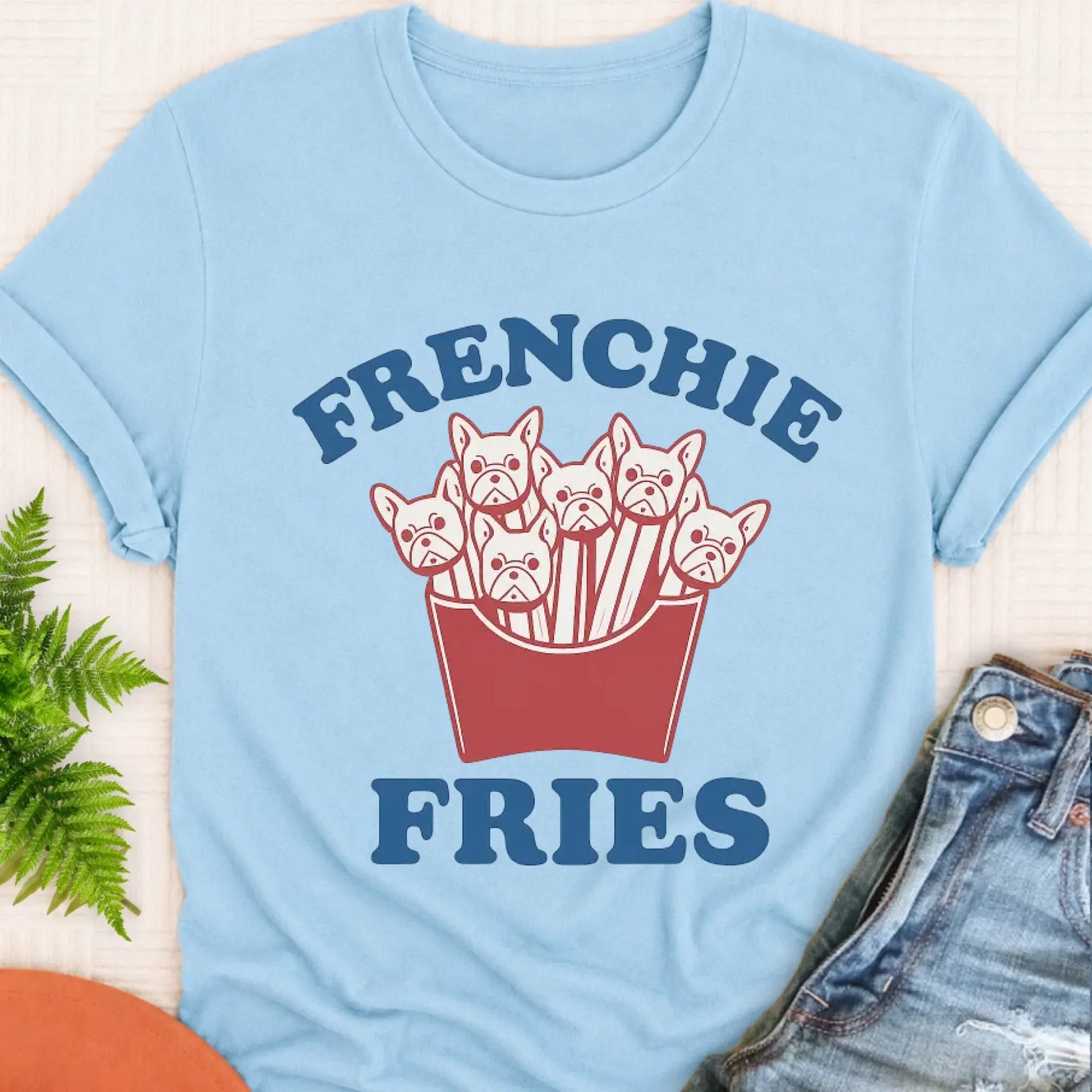 T-Shirt Chambray / S Frenchie Bulldog Funny Foodie Fries Unisex TShirt