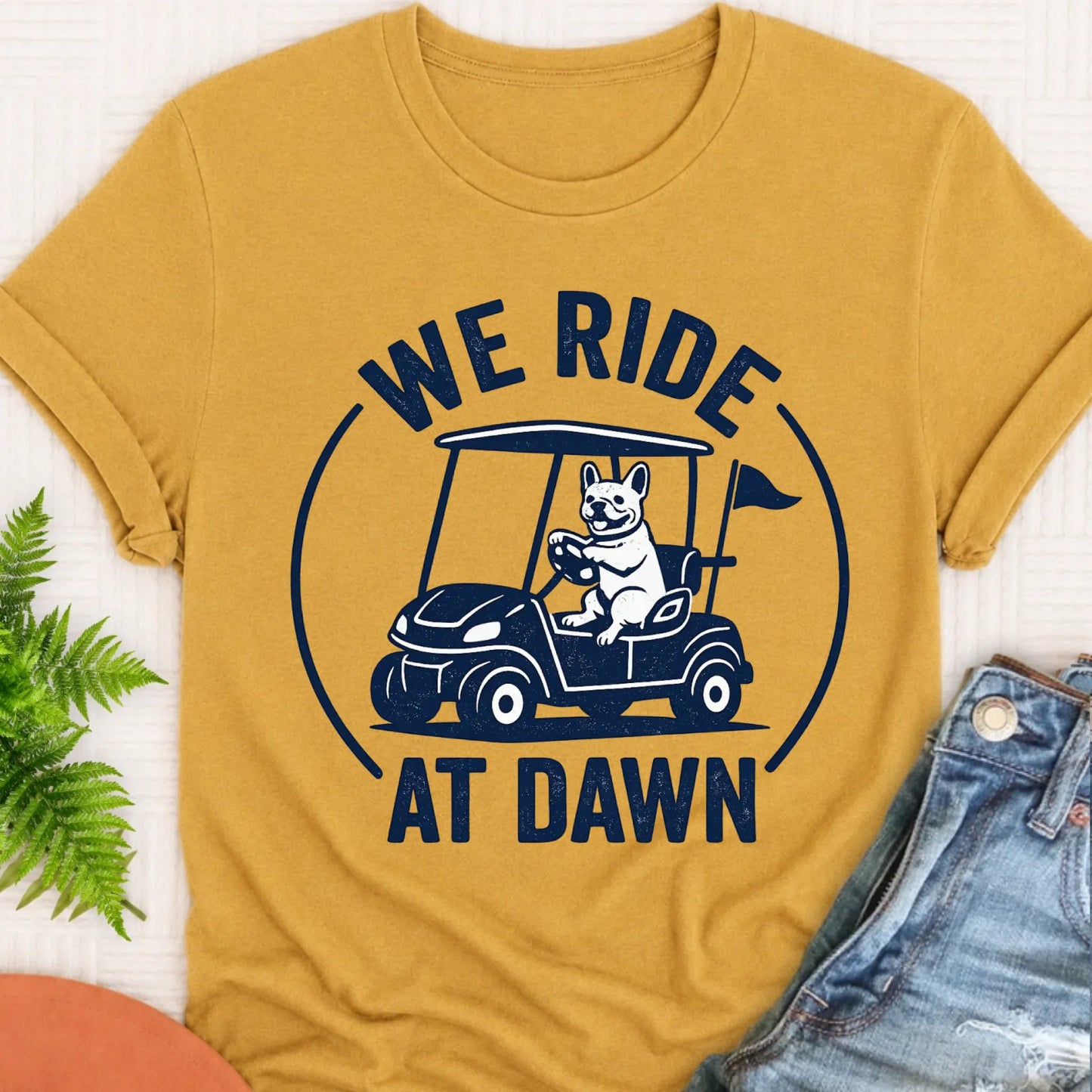T-Shirt Mustard / S Frenchie Bulldog Golf Cart Unisex TShirt