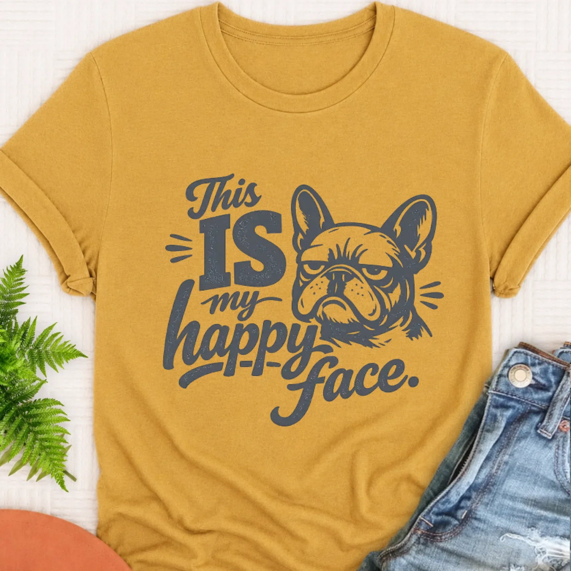 T-Shirt Mustard / S Frenchie Bulldog Happy Face Unisex TShirt