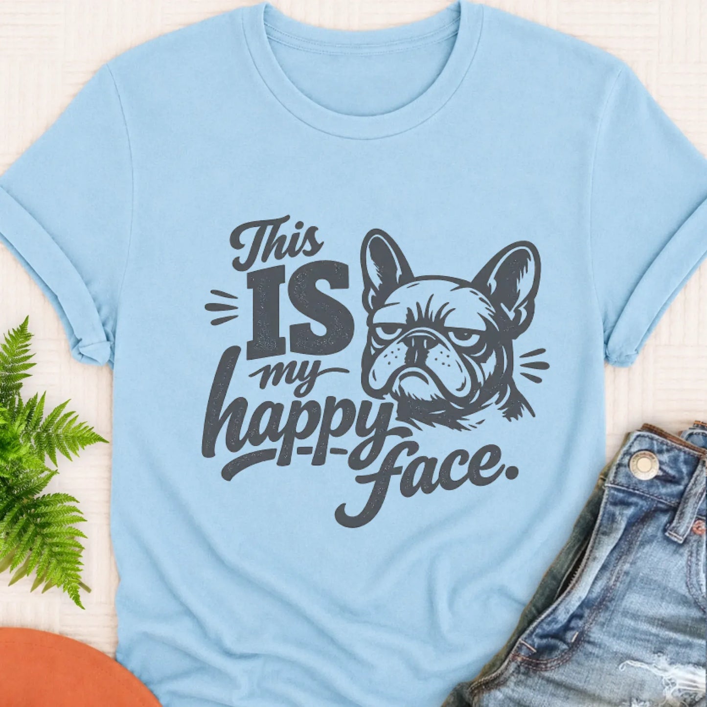 T-Shirt Chambray / S Frenchie Bulldog Happy Face Unisex TShirt