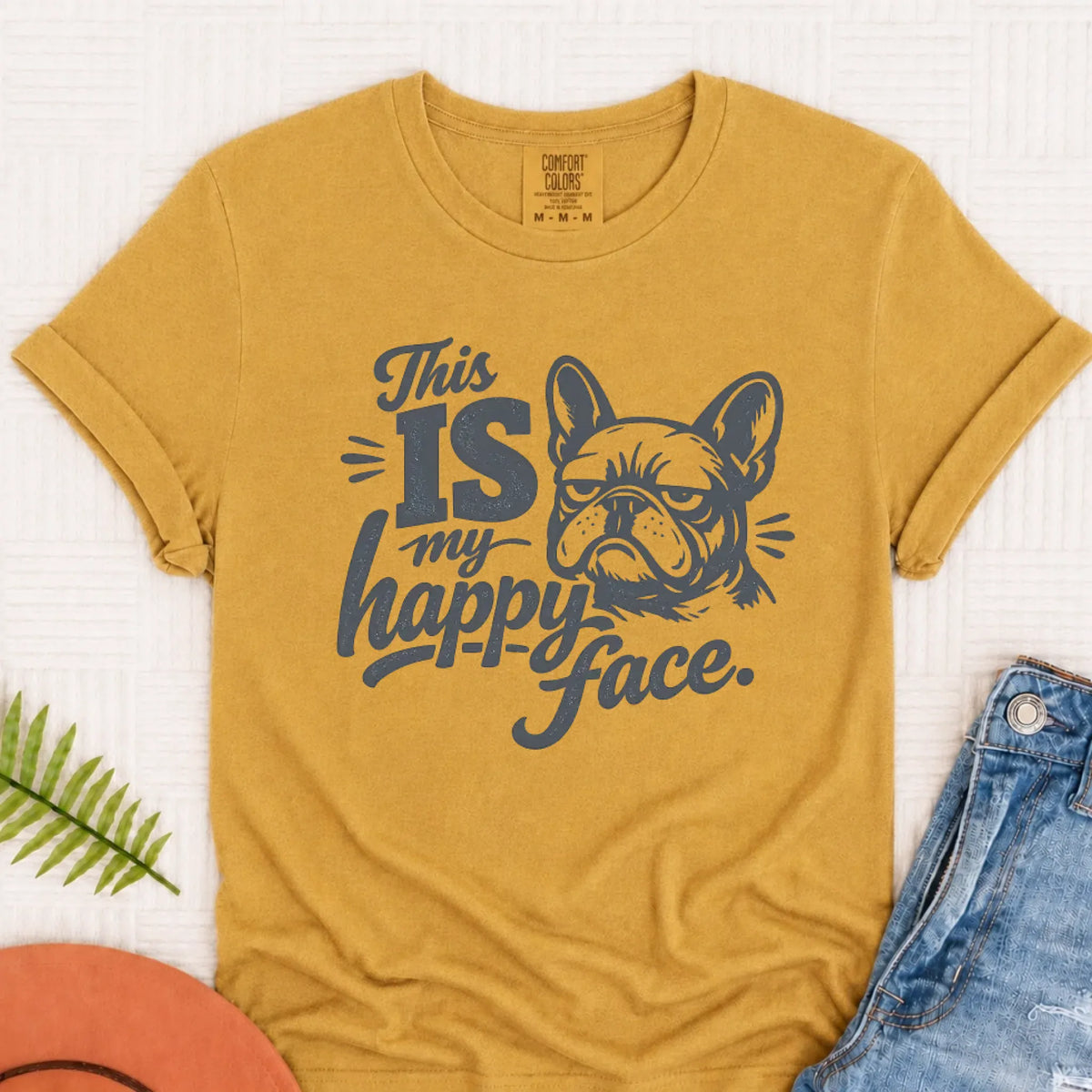 Frenchie Bulldog Happy Face Unisex TShirt Mustard