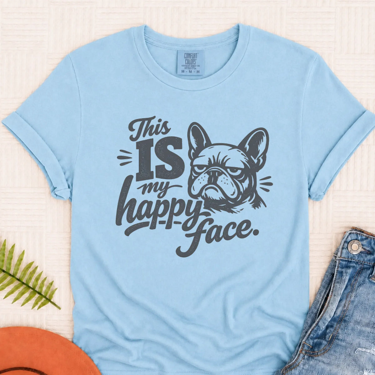 Frenchie Bulldog Happy Face Unisex TShirt Chambray