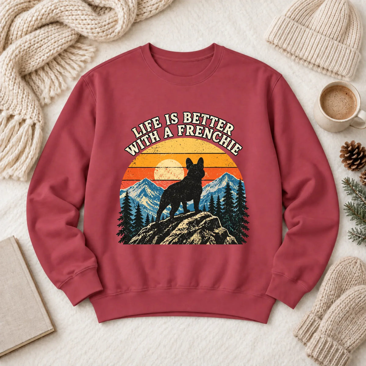 Frenchie Bulldog Hiking Better Life Unisex Sweatshirt Crimson