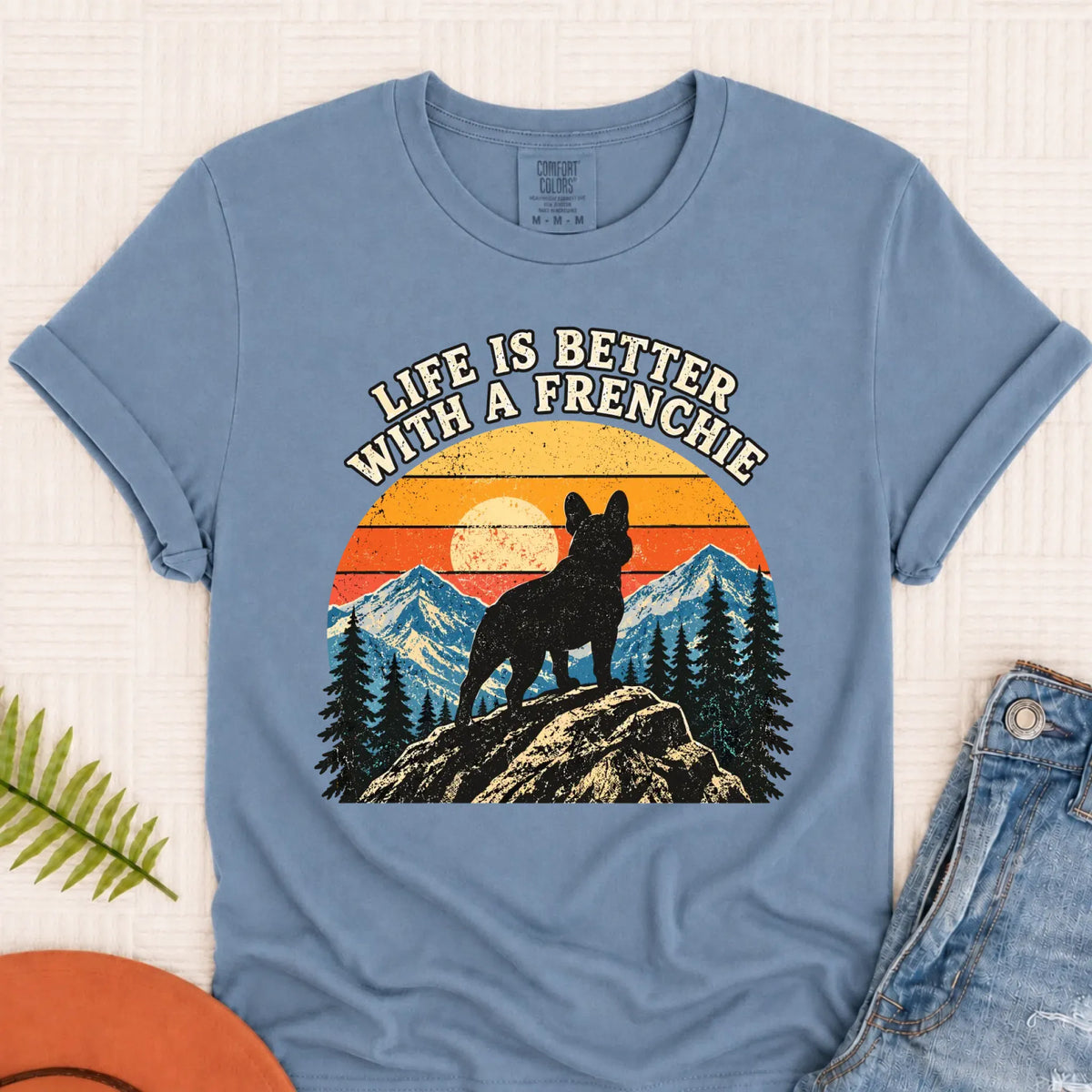Frenchie Bulldog Hiking Better Life Unisex Tshirt Blue Jean
