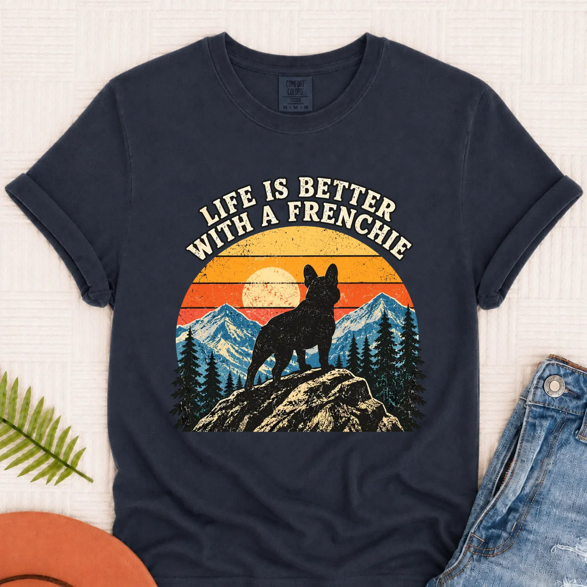 Frenchie Bulldog Hiking Better Life Unisex Tshirt Navy