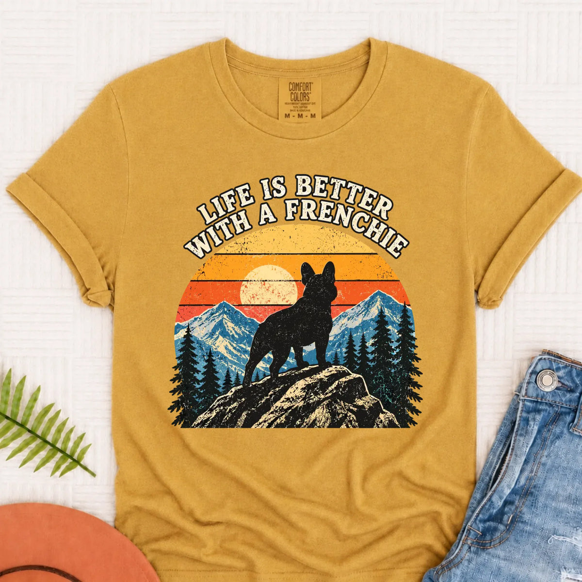 Frenchie Bulldog Hiking Better Life Unisex Tshirt Mustard