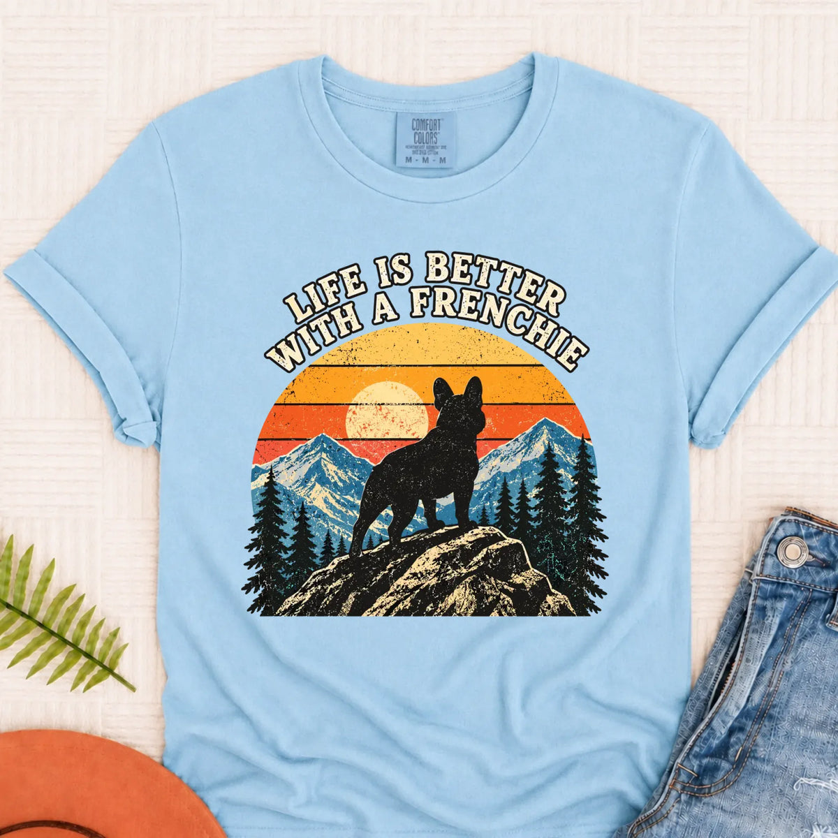 Frenchie Bulldog Hiking Better Life Unisex Tshirt Chambray