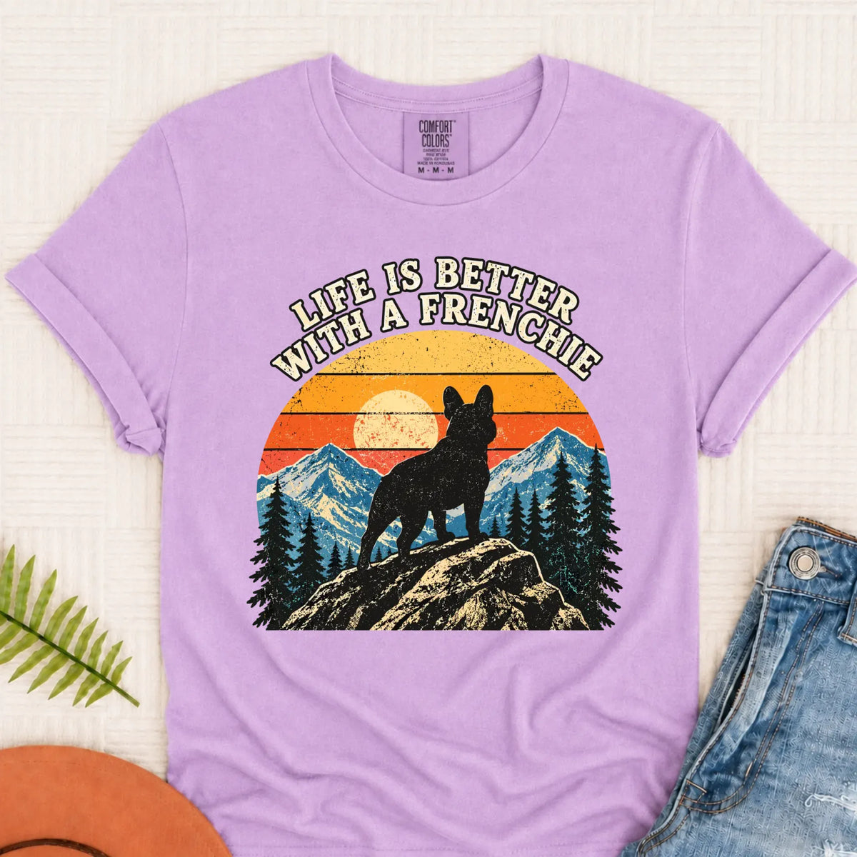 Frenchie Bulldog Hiking Better Life Unisex Tshirt Orchid