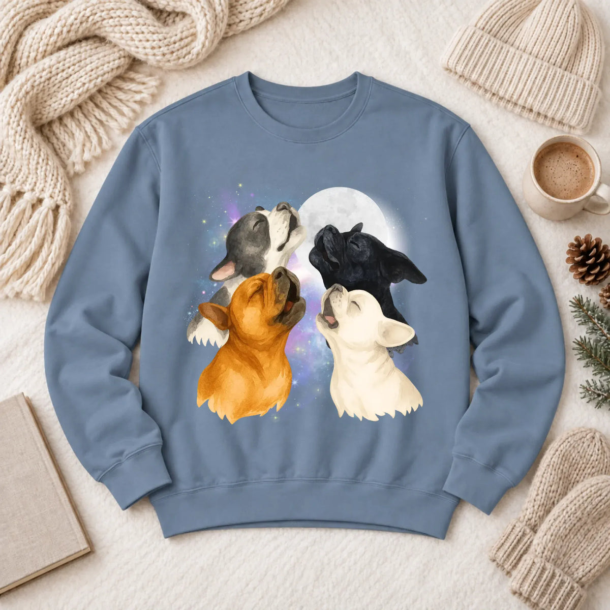 Sweatshirt Blue Jean / M Frenchie Bulldog Howling At Moon Unisex Sweatshirt