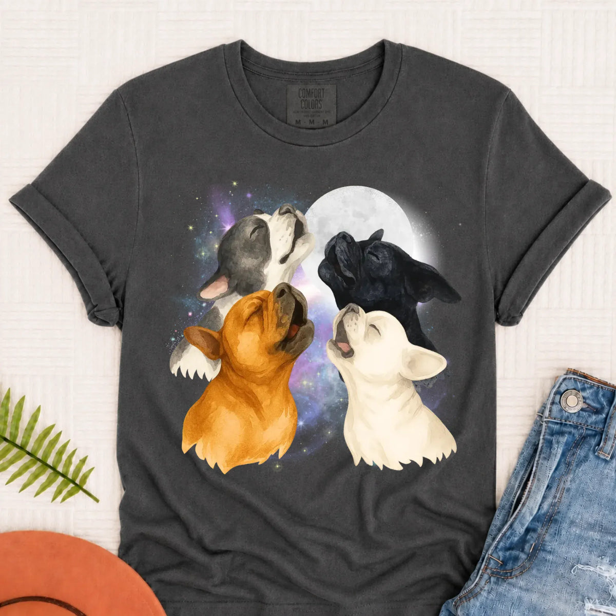 T-Shirt Pepper / S Frenchie Bulldog Howling At Moon Unisex TShirt