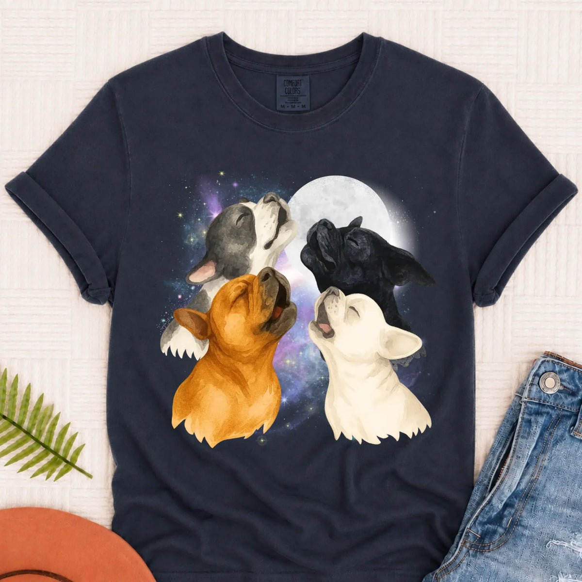 T-Shirt Navy / S Frenchie Bulldog Howling At Moon Unisex TShirt