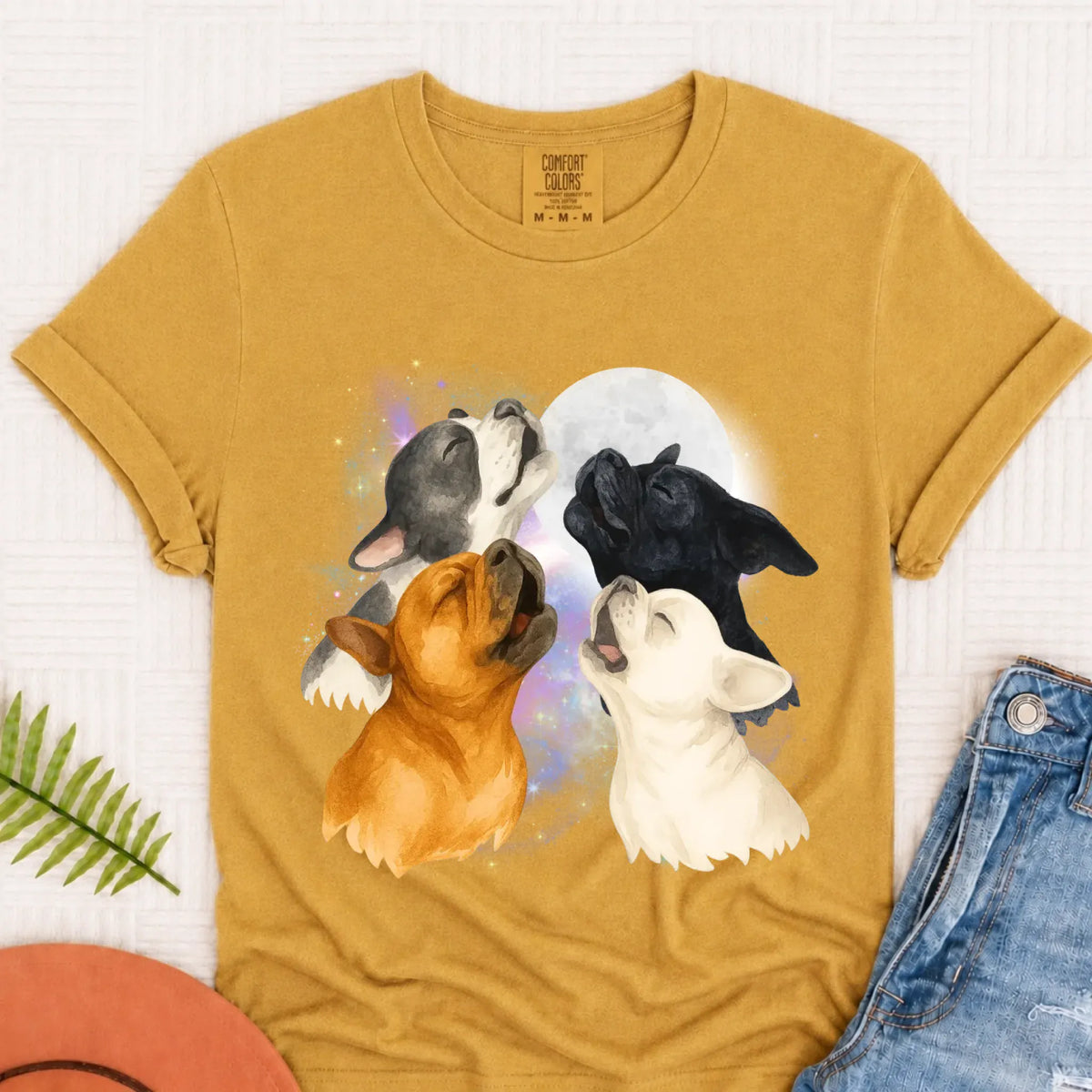 T-Shirt Mustard / S Frenchie Bulldog Howling At Moon Unisex TShirt