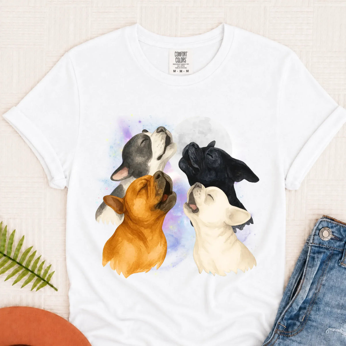T-Shirt White / S Frenchie Bulldog Howling At Moon Unisex TShirt