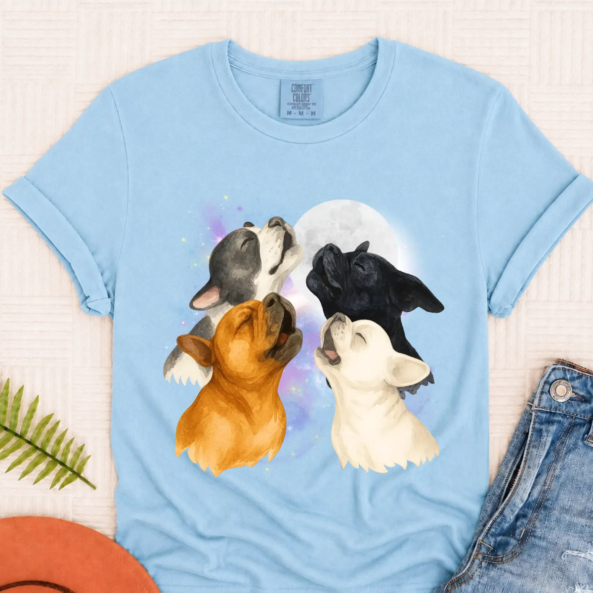 T-Shirt Chambray / S Frenchie Bulldog Howling At Moon Unisex TShirt