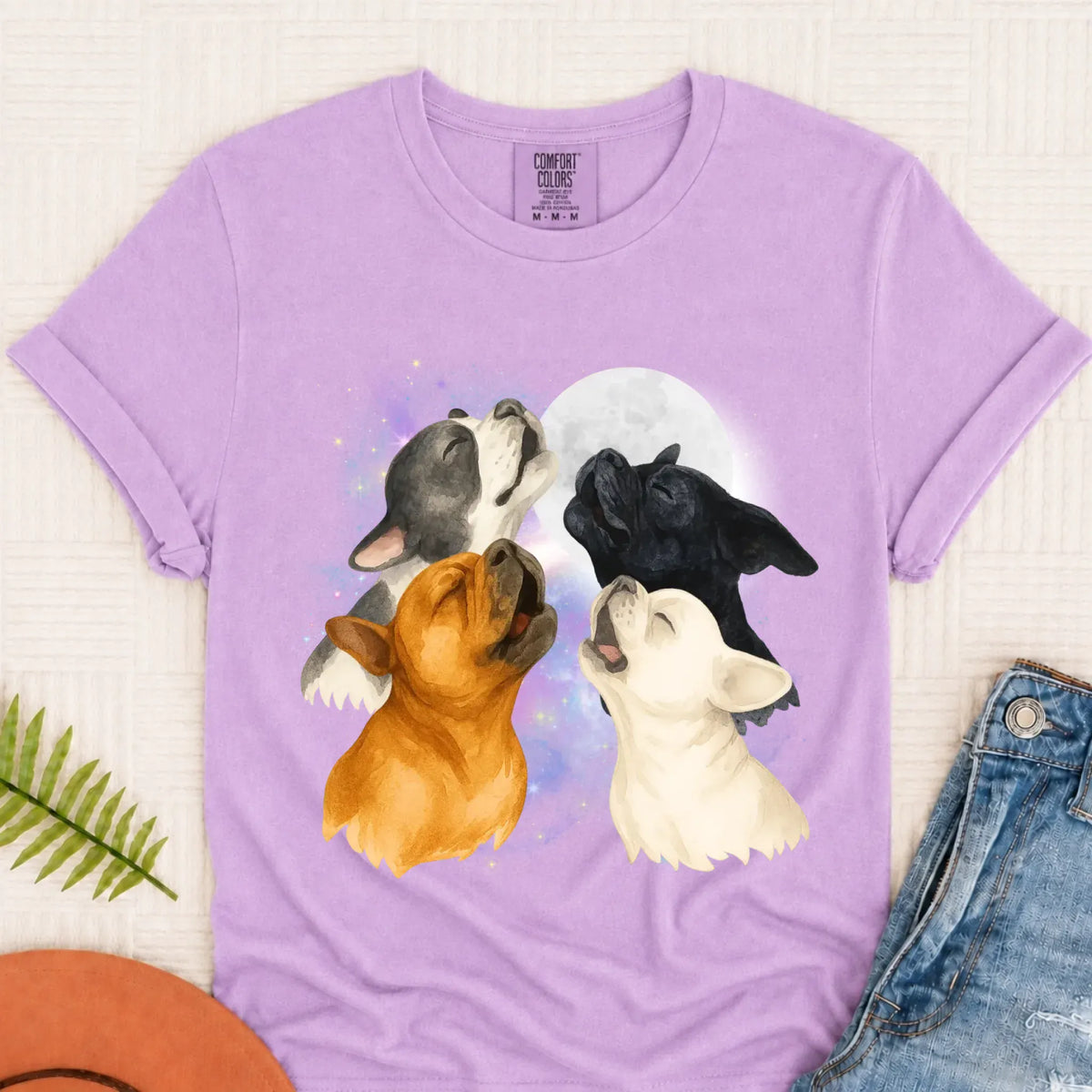 T-Shirt Orchid / S Frenchie Bulldog Howling At Moon Unisex TShirt