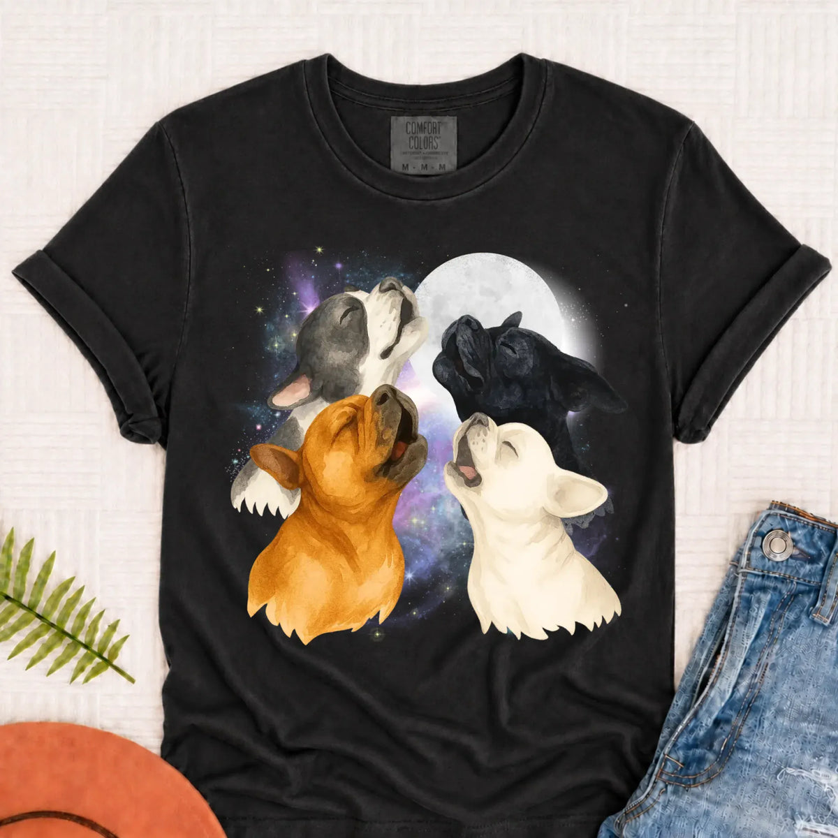 T-Shirt Graphite / S Frenchie Bulldog Howling At Moon Unisex TShirt