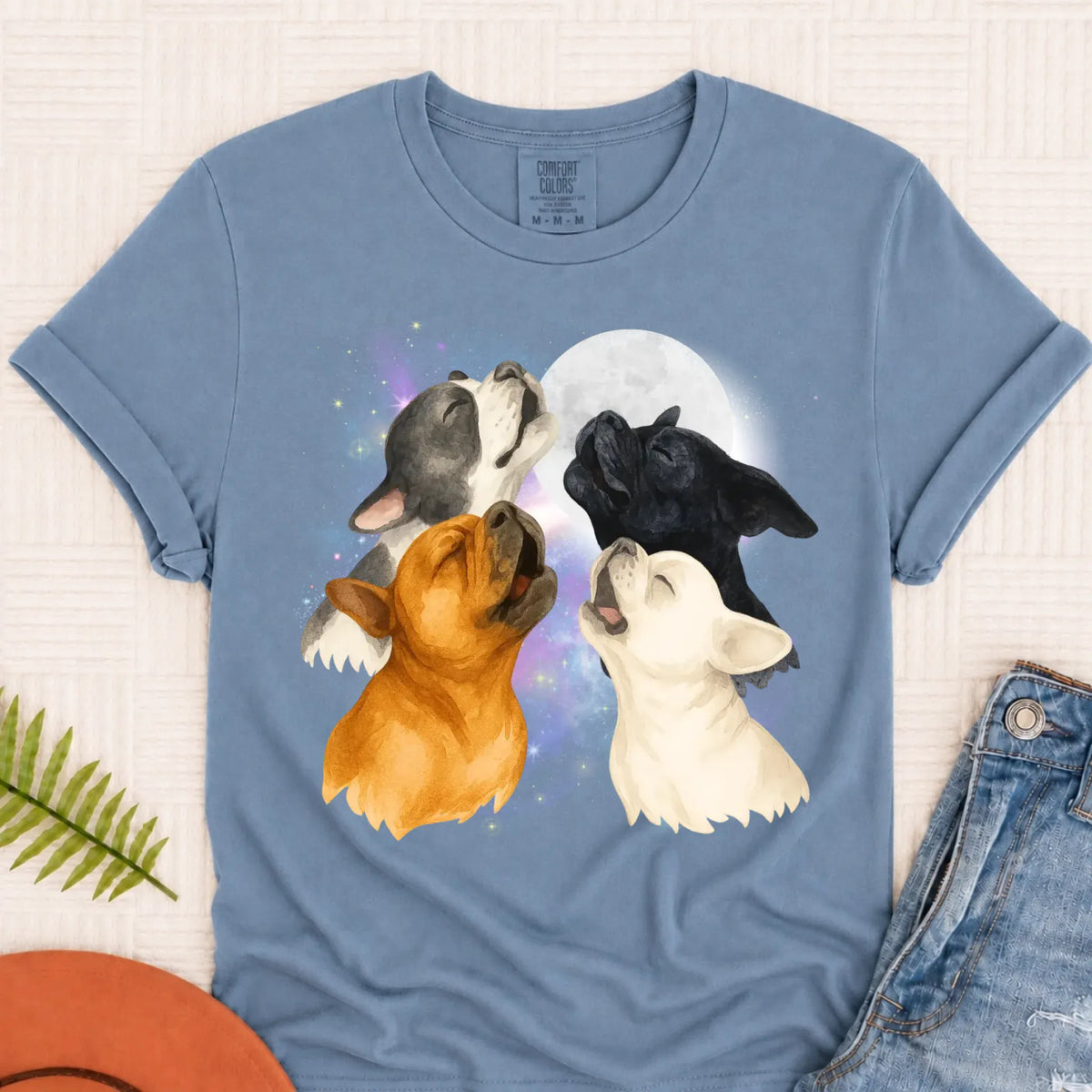 T-Shirt Blue Jean / S Frenchie Bulldog Howling At Moon Unisex TShirt