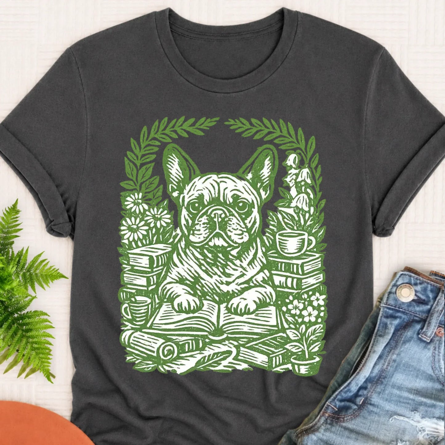 T-Shirt Pepper / S Frenchie Bulldog Linocut Bookclub Unisex TShirt
