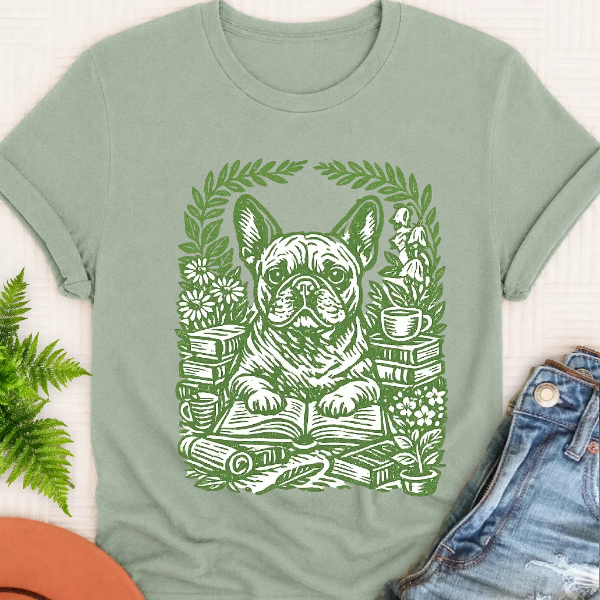 T-Shirt Bay / S Frenchie Bulldog Linocut Bookclub Unisex TShirt