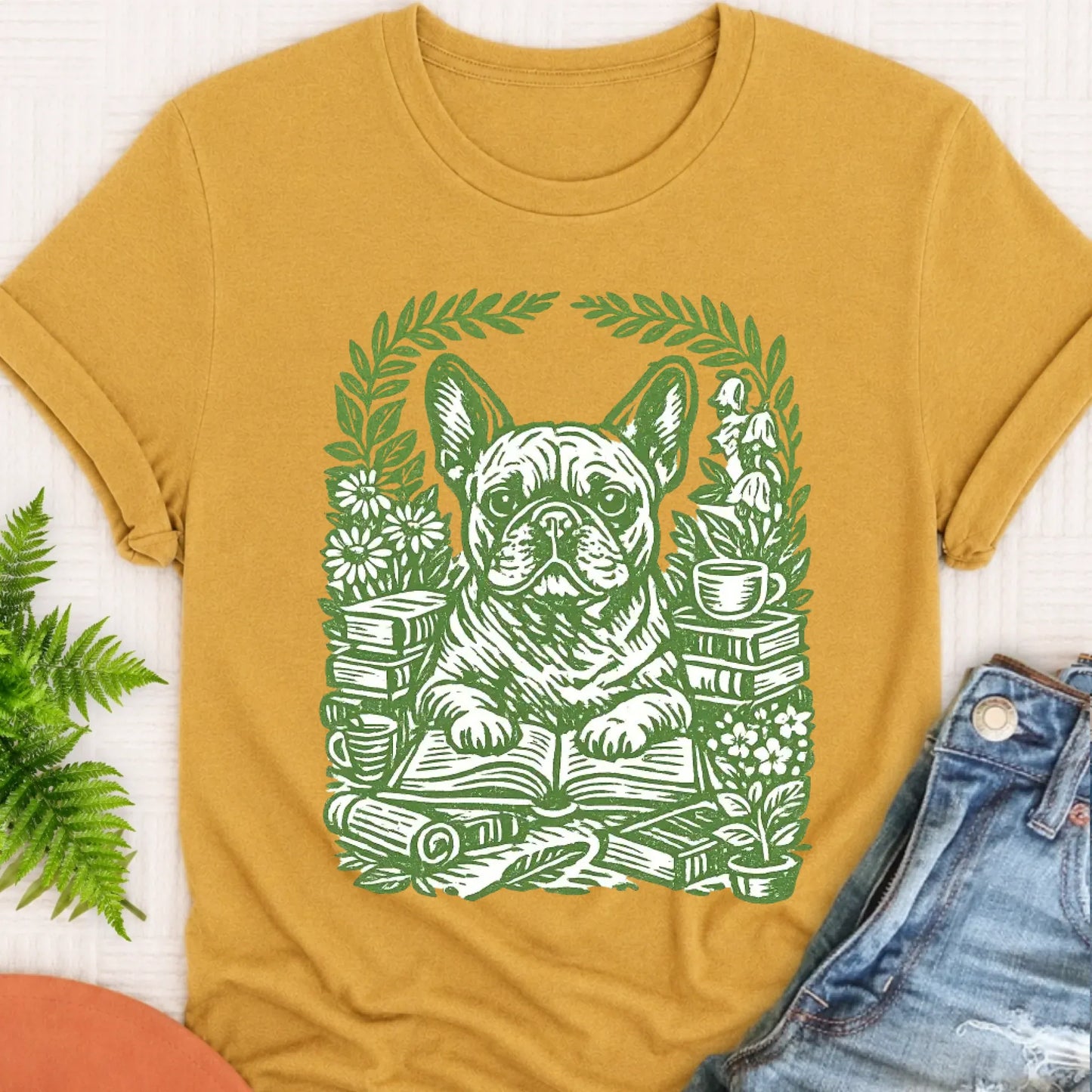 T-Shirt Mustard / S Frenchie Bulldog Linocut Bookclub Unisex TShirt