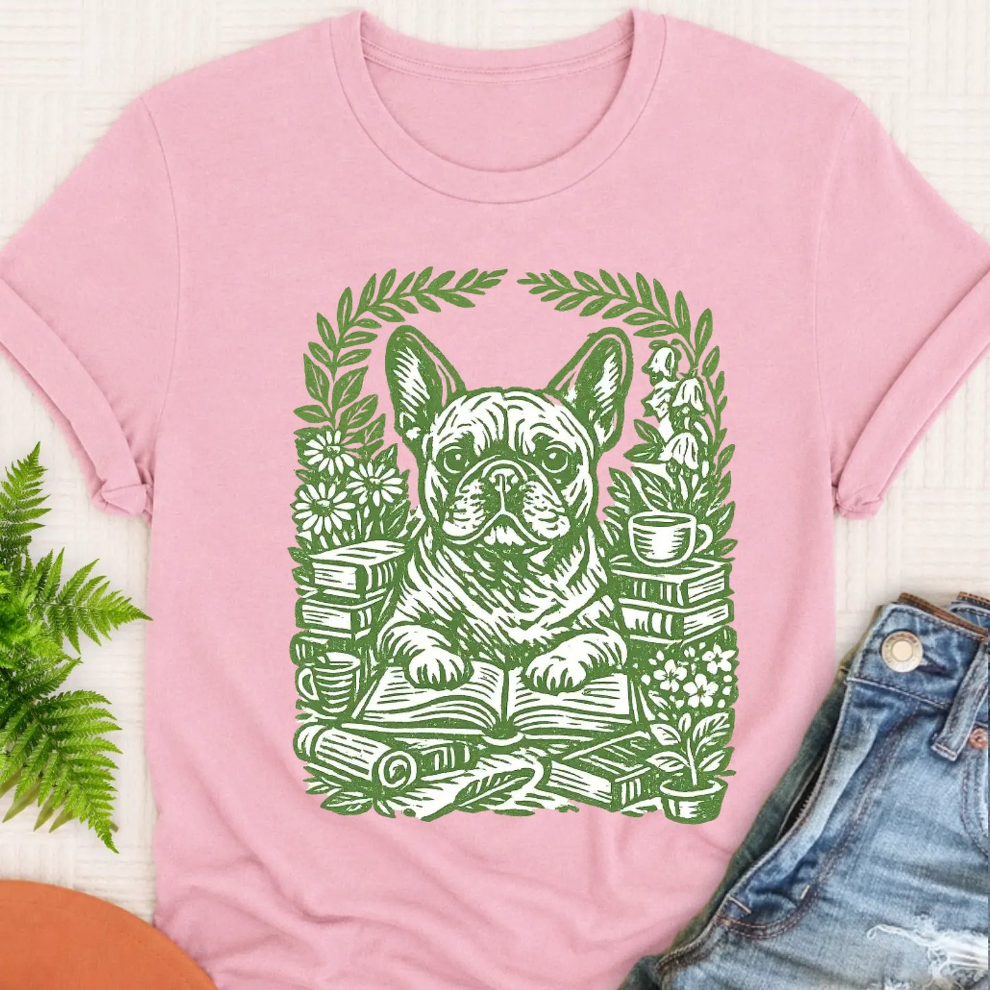 T-Shirt Blossom / S Frenchie Bulldog Linocut Bookclub Unisex TShirt
