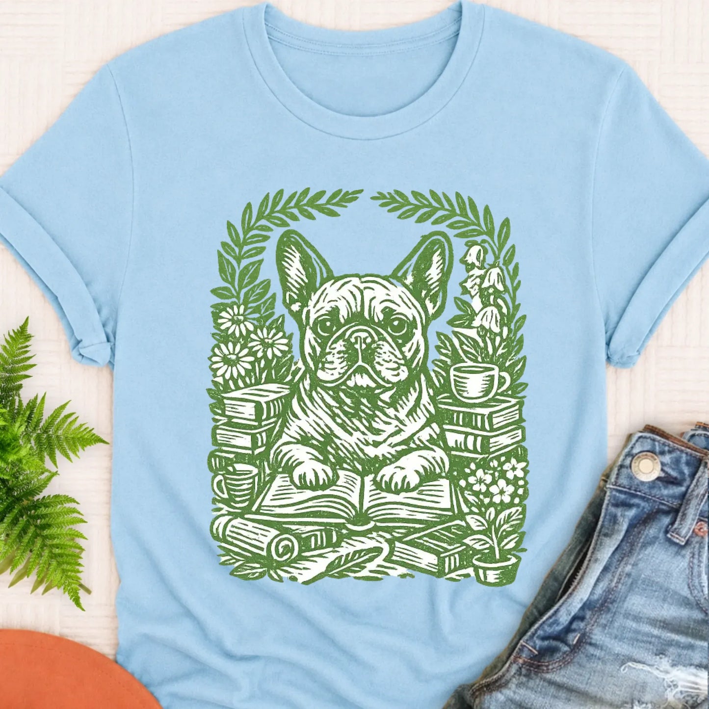 T-Shirt Chambray / S Frenchie Bulldog Linocut Bookclub Unisex TShirt