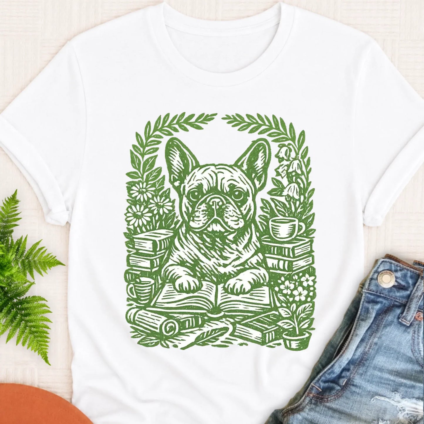 T-Shirt White / S Frenchie Bulldog Linocut Bookclub Unisex TShirt