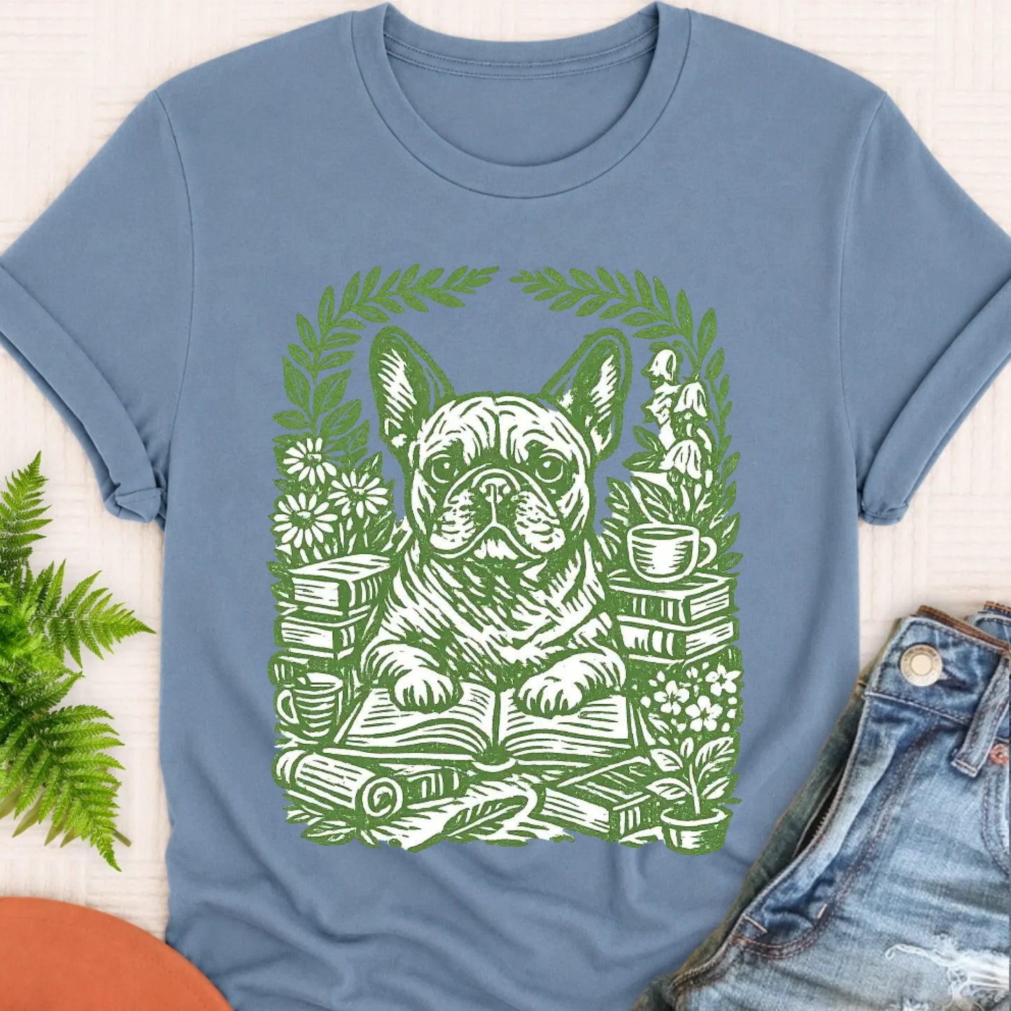 T-Shirt Blue Jean / S Frenchie Bulldog Linocut Bookclub Unisex TShirt
