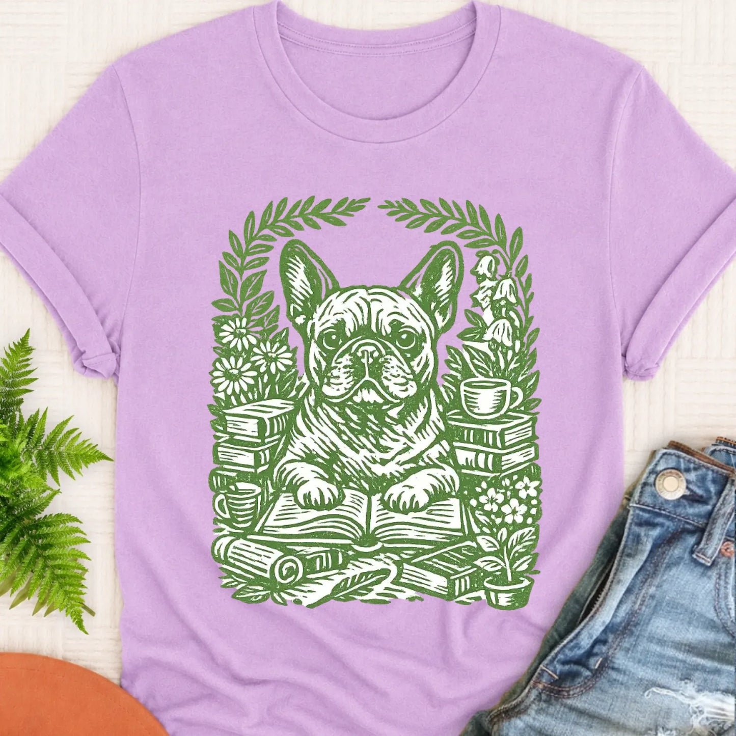 T-Shirt Orchid / S Frenchie Bulldog Linocut Bookclub Unisex TShirt
