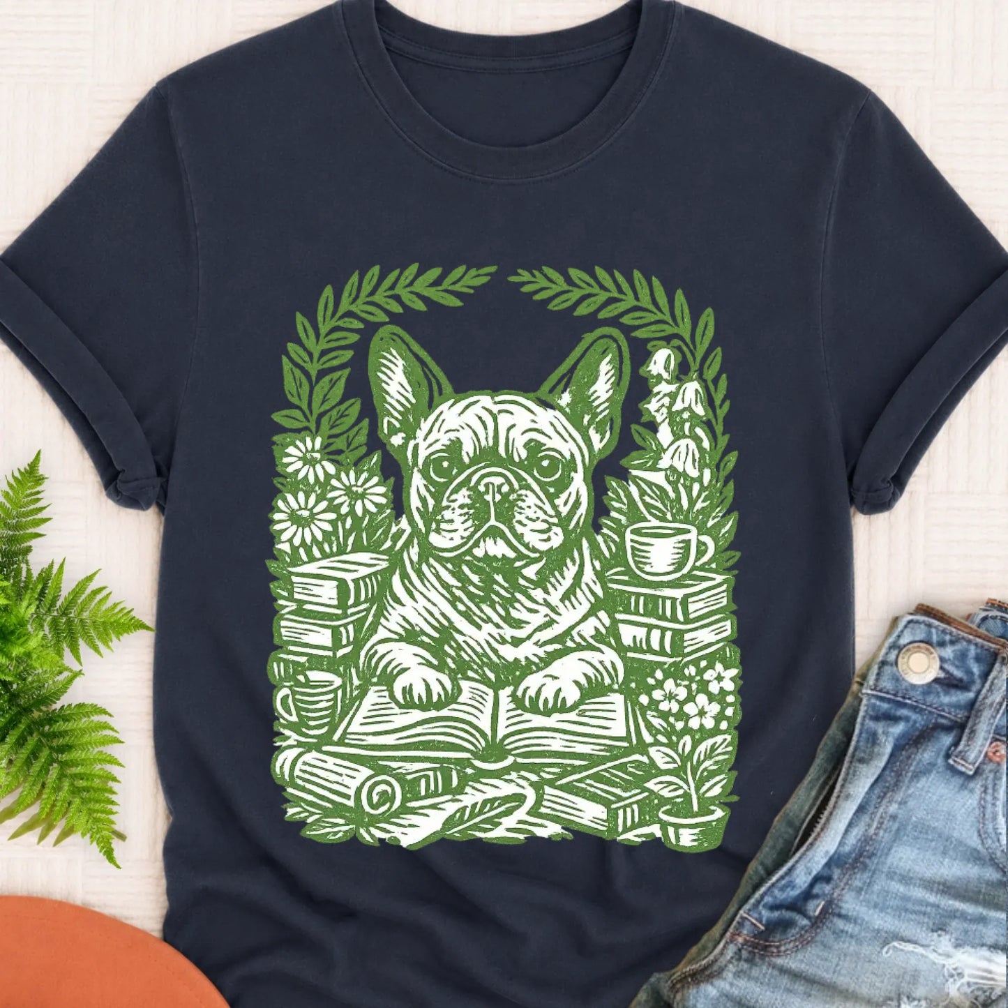 T-Shirt Navy / S Frenchie Bulldog Linocut Bookclub Unisex TShirt