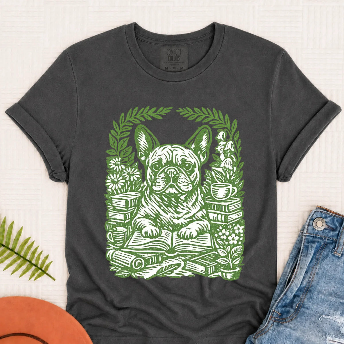 Frenchie Bulldog Linocut Bookclub Unisex TShirt Pepper