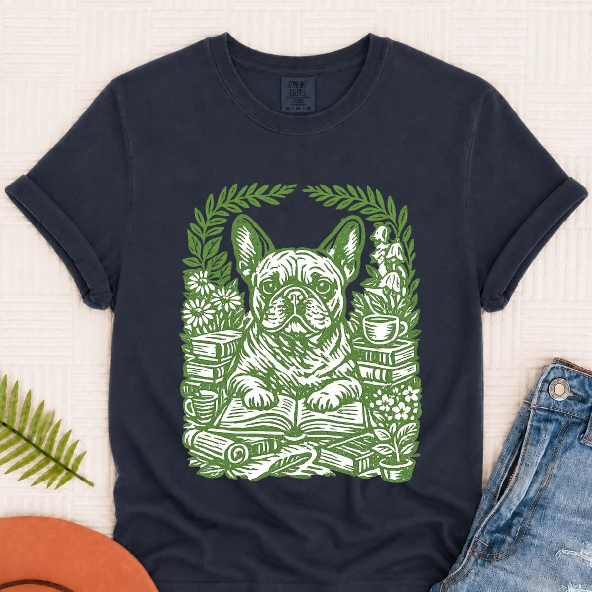 Frenchie Bulldog Linocut Bookclub Unisex TShirt Pepper 3XL