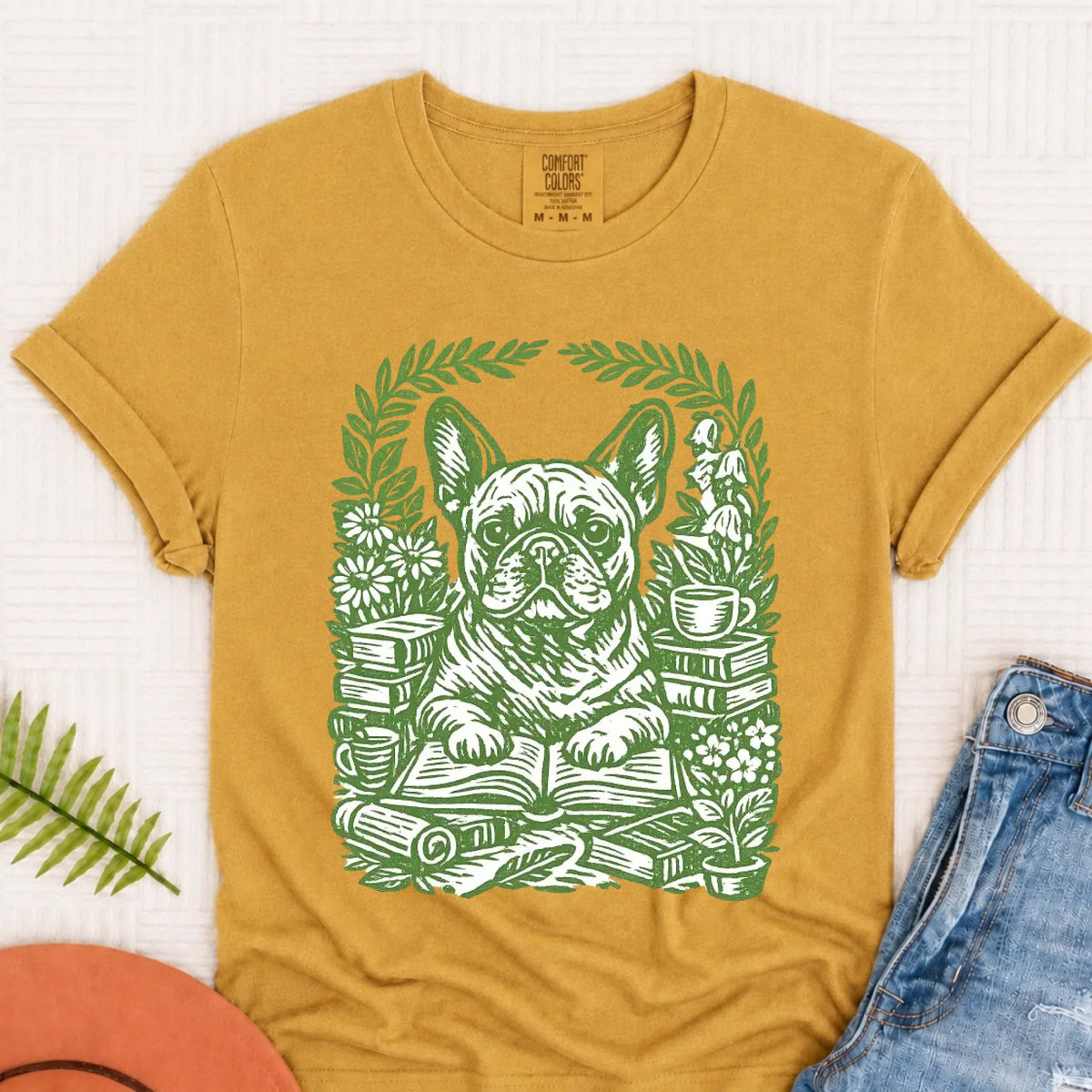 Frenchie Bulldog Linocut Bookclub Unisex TShirt Mustard