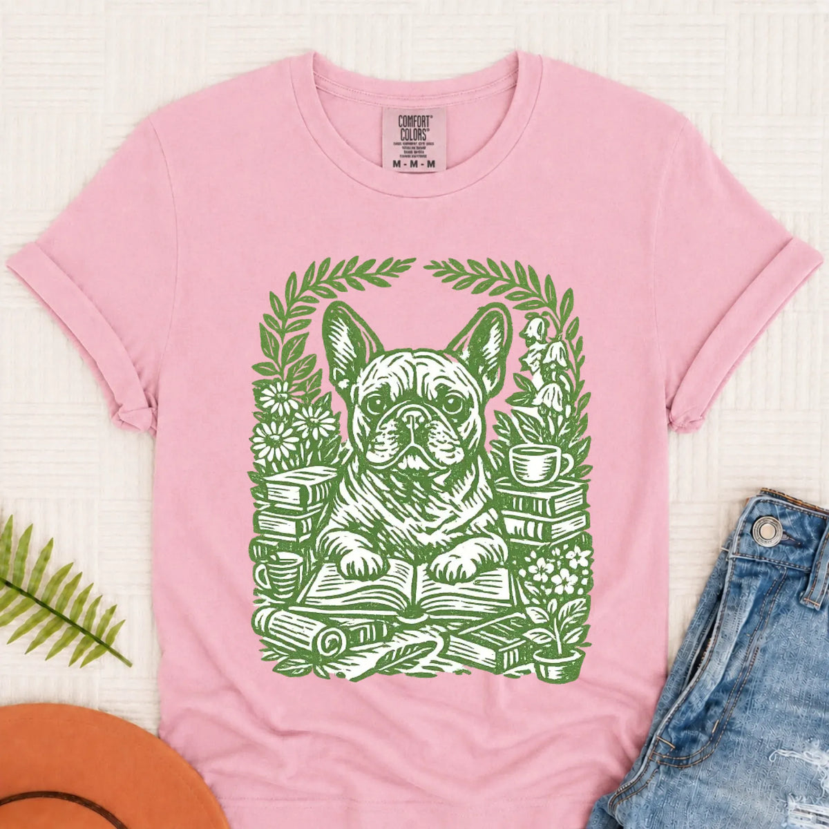 Frenchie Bulldog Linocut Bookclub Unisex TShirt Blossom