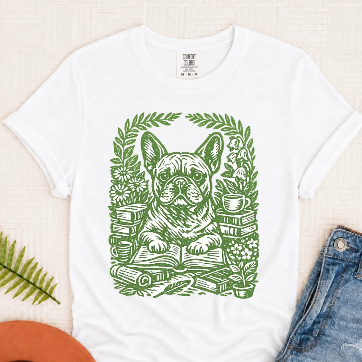 Frenchie Bulldog Linocut Bookclub Unisex TShirt White