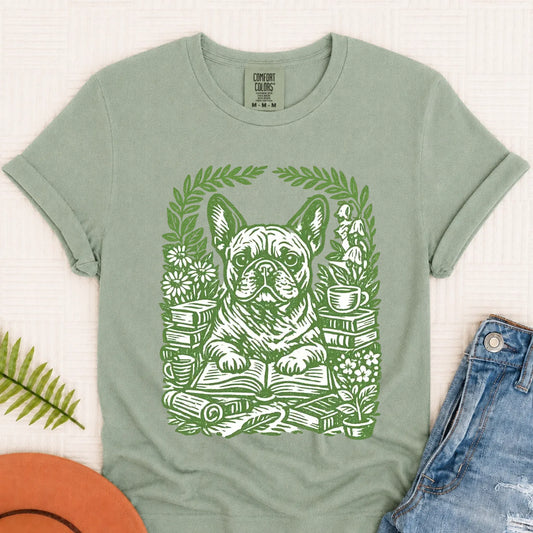 Frenchie Bulldog Linocut Bookclub Unisex TShirt Bay
