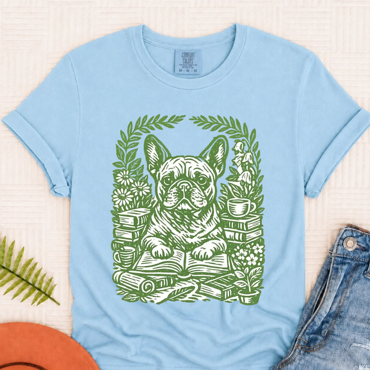 Frenchie Bulldog Linocut Bookclub Unisex TShirt Chambray
