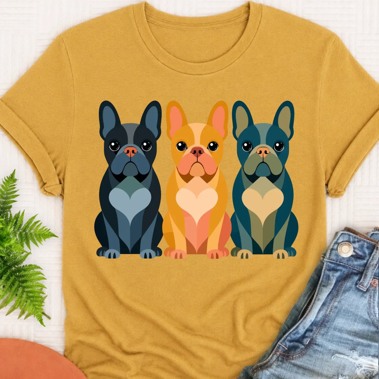 T-Shirt Mustard / S Frenchie Bulldog Little Hearts Unisex TShirt