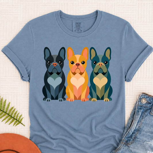 Frenchie Bulldog Little Hearts Unisex TShirt Blue Jean